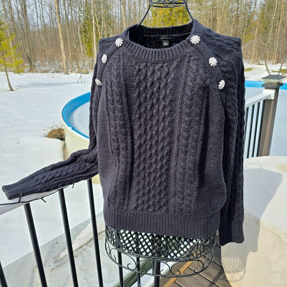 Ann Taylor Black cableknit Sweater with Rhinestone Floral Accent, size L, EUC - Picture 3 of 9